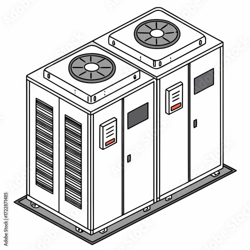 Vector art of isometric illustration of two industrial air conditioning units ideal for illustrating hvac systems, cooling solutions, or industrial equipment