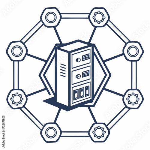 Vector art of line art illustration of a server rack surrounded by interconnected gears and nodes, representing data processing, network management, and system administration