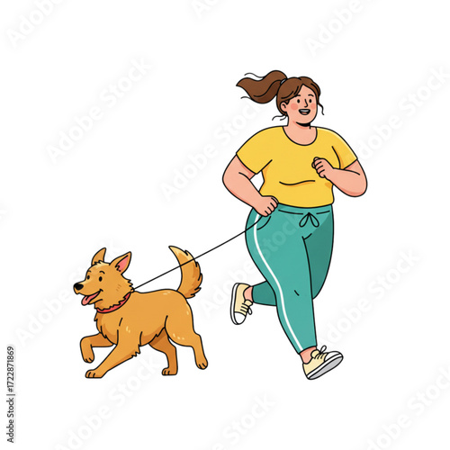 Cartoon illustration of an overweight woman jogging with her dog on a leash, fitness and body positivity concept showing running exercise, outdoor activity, healthy lifestyle