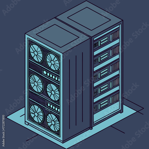 Vector art of isometric illustration of server racks, vital for modern data centers, symbolizing cloud computing infrastructure and the digital ages technological backbone, network storage