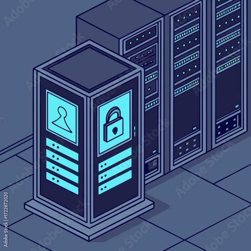 Vector art of isometric illustration depicting a secure server room with login and password protection, showcasing data security and privacy in a modern, minimalist design