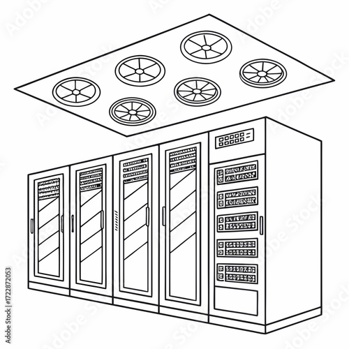Vector art of line art illustration of a data center server room with ceiling fans, showcasing the infrastructure and cooling system, ideal for technology and it themes
