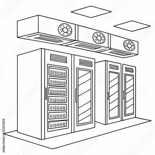Vector art of line art illustration of a data center with server racks and air conditioning, showcasing the infrastructure and cooling system, ideal for it themes