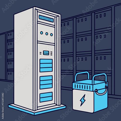 Illustration of a server room with a server rack, battery backup, and rows of servers, depicting data storage, power backup, and it infrastructure in a modern facility