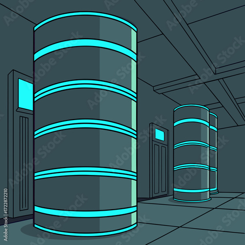 Vector art of a cartoon illustration of a server room with glowing blue lights, showcasing the infrastructure and technology behind data storage and processing in a modern and stylized way