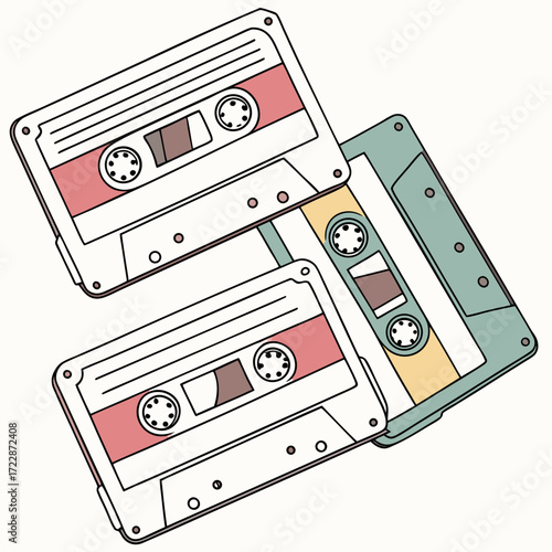 Vector art of three cassette tapes are arranged in a stack, creating a simple and graphic composition, reminiscent of vintage music culture