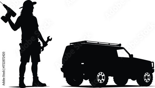 Silhouette of mechanic with drill and wrench near SUV, car repairman figure, off-road vehicle repair concept, black outline art