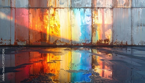 Wallpaper Mural Rusty metal wall, vibrant reflections in puddles Torontodigital.ca