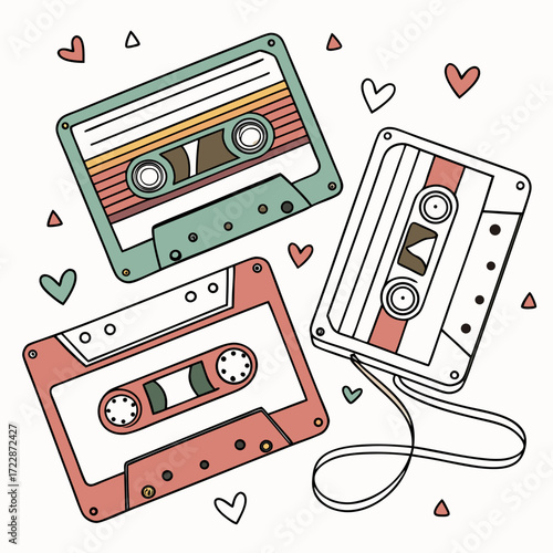 Vector art of three retro cassette tapes are arranged with small hearts and triangles scattered around them, creating a nostalgic and decorative pattern