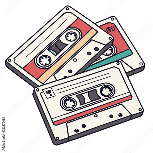 Vector art of three retro cassette tapes stacked on top of each other, the tapes are beige, red, and green, and they have a vintage look perfect for a nostalgic design