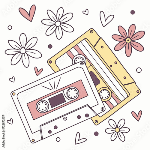 Vector art of two cassette tapes are surrounded by flowers, hearts, and dots, creating a charming and decorative pattern, evoking a sense of nostalgia