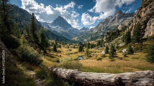 Photo of Italian Dolomites from an angle, green grass and fallen trees in foreground, mountains with white clouds against blue sky in background, eye-level wide-angle natural daylight.