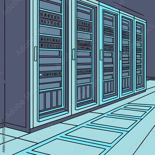 Illustration of a server room with multiple racks, symbolizing data storage and processing, represents information technology infrastructure