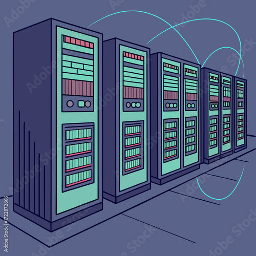 Illustration of a server room with multiple servers connected by lines the servers are blue and green, and they have a lot of details the background is dark blue