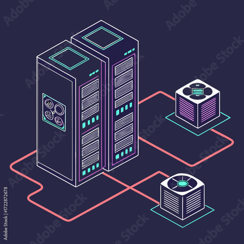 Vector art of isometric server room illustration with server racks and cooling units, representing data center infrastructure, cloud computing, and information technology with a modern design