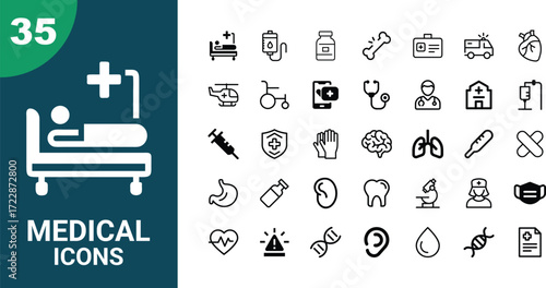 Collection of black and white medical icons on a white background healthcare hospital