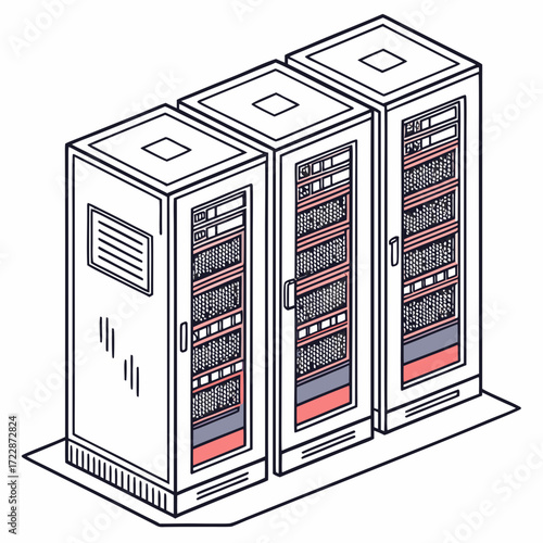 Vector art of isometric illustration of three server racks depicts data center infrastructure, network hardware, and information technology equipment in a clean, modern style
