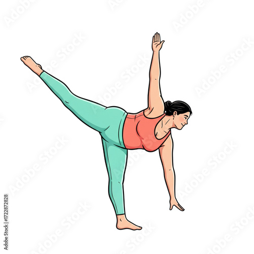 Cartoon illustration of an overweight woman practicing yoga balance pose with raised leg and arm, fitness and body positivity concept showing exercise, sport activity