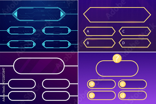 Quiz question set interface game menu, show answer trivia template background. Collection Multiple choice frame, button. Bar ui challenge. 
