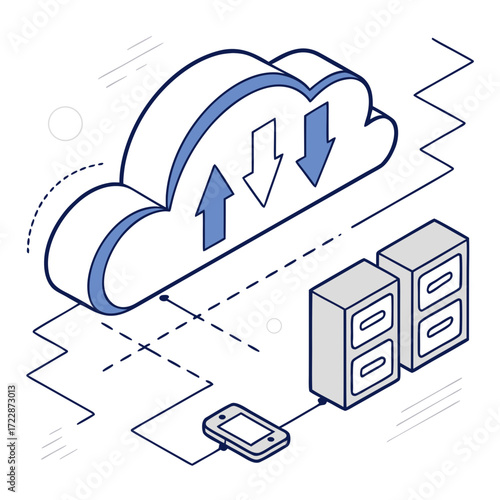 Vector art of isometric illustration of cloud computing with data transfer, file storage, and mobile access modern design for technology and business solutions