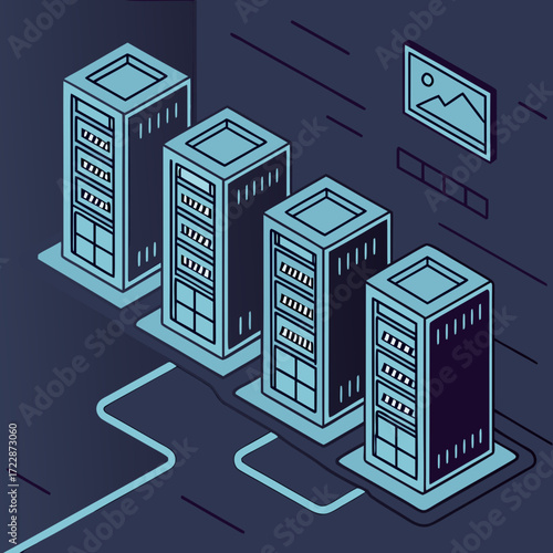 Vector art of isometric illustration of server racks connected by cables, representing data transfer, cloud computing, and network infrastructure