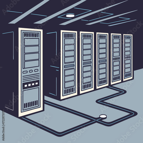 Vector art of server room with multiple server racks connected by cables, creating a network infrastructure for data storage and processing in a modern and efficient data center environment