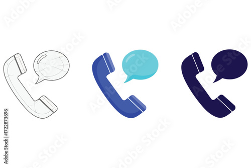 Vector art of collection of three phone handset illustrations, each with a speech bubble, ideal for communication, customer service, or contact icons and designs