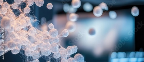 Abstract molecular structures linking together, glowing spheres suspended in a blurred futuristic environment representing biological advancement.