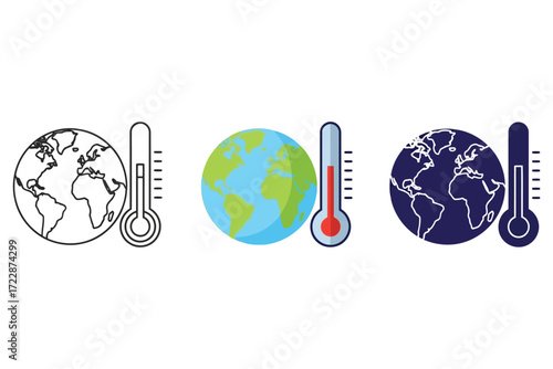 Vector art of global warming concept vector icon set illustration of a planet earth with a thermometer showing rising temperatures, climate change awareness