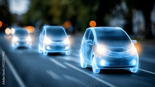 Futuristic self-driving cars with holographic displays on a city road at night