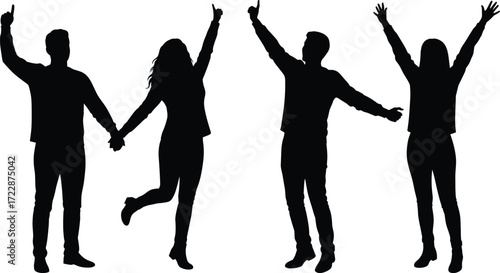 Silhouette of four joyful people celebrating with raised hands, showing unity, excitement, happiness, and togetherness in a lively group pose
