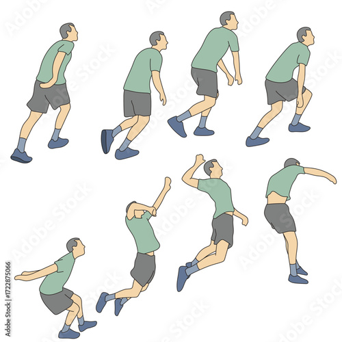 step motion of man spiking a volleyball illustration vector hand drawn with black lines isolated on white background.
