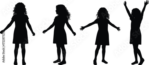 Silhouette of a young girl in different playful and expressive poses, showcasing movement, joy, freedom, and childhood innocence