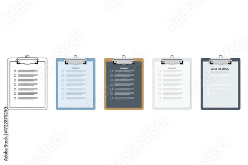 Vector art of set of clipboards with checklist different styles and colors of clipboards with paper and checklist vector illustration of office supplies and business tools