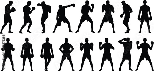 Boxing silhouettes, black and white vector, martial arts illustration, fighter design, sports icon, fitness art, stock image, training figure, combat drawing, athlete motion