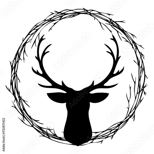 Tiempo de otoño. Logo con silueta de cabeza de ciervo o reno en corona circular de ramas de árbol para tarjetas y felicitaciones de Navidad