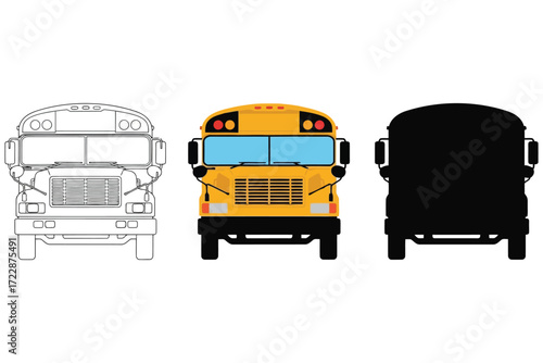 Vector art of school bus in different styles front view of a classic yellow school bus in outline, color, and silhouette vector illustration of transportation
