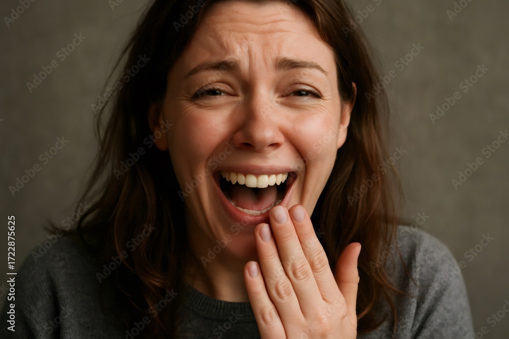 Fototapeta premium Close up of a woman with long brown hair, wearing a gray sweater, laughing heartily with her hand covering her mouth, expressing genuine amusement and surprise