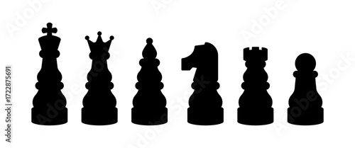Chess pieces silhouette set. Black chess figures including king, queen, bishop, knight, rook, and pawn. Strategy and board game. Strategy, tactics, plan and intelligence concept. Vector illustration.