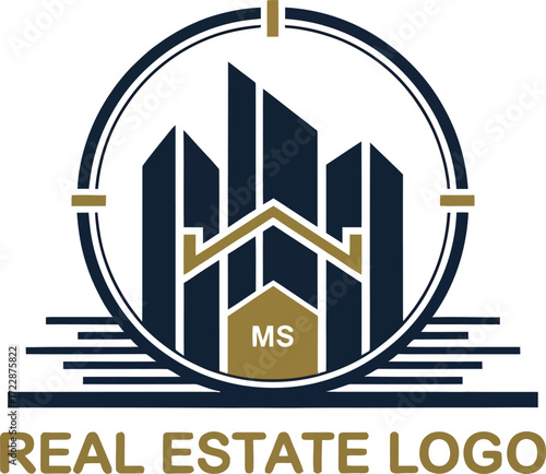 Modern real estate logo with abstract buildings and house symbol for property business