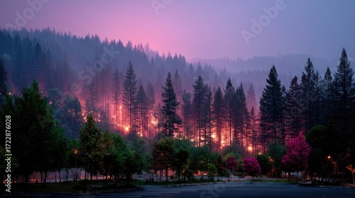 Wildfire Burning Forest Disaster Background with Intense Flames and Smoke Plumes Amidst Lush Green Trees and Dark Blue Purple Sky at Dusk