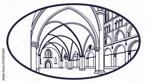 Detailed Architectural Illustration of a Gothic Cathedral Interior with Arches