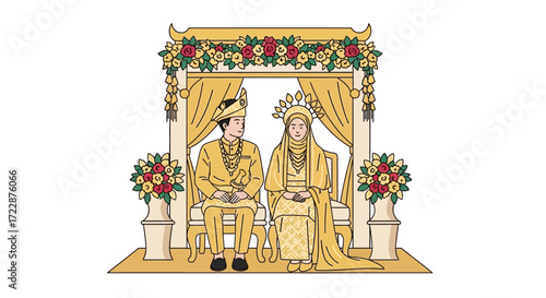 Illustration of a traditional wedding ceremony featuring a bride and groom
