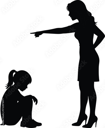 Silhouette of a woman in high heels scolding a young girl sitting on the floor, emotional family conflict or discipline concept