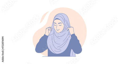 Illustration of a woman wearing a hijab, an Islamic headscarf, adjusting her head covering, highlighting cultural and religious practices, and promoting modesty and identity