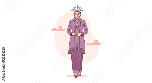Illustration of a woman wearing traditional Indonesian attire, featuring a hijab and kebaya. The elegant design showcases cultural heritage and fashion, perfect for design projects