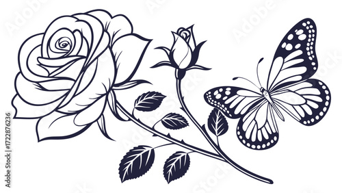Elegant Rose Blossom Bud and Butterfly Outline Illustration with Detailed Wing Patterns