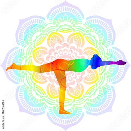 Colorful silhouette of woman practicing Virabhadrasana C yoga pose. Warrior III yoga pose or Digasana A pose. Isolated vector illustration