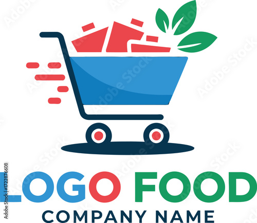 Express grocery shopping cart with food items and green leaves logo concept