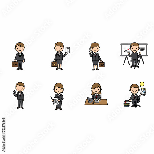 Cartoon Business People Set Diverse Professionals in Various Poses and Actions.